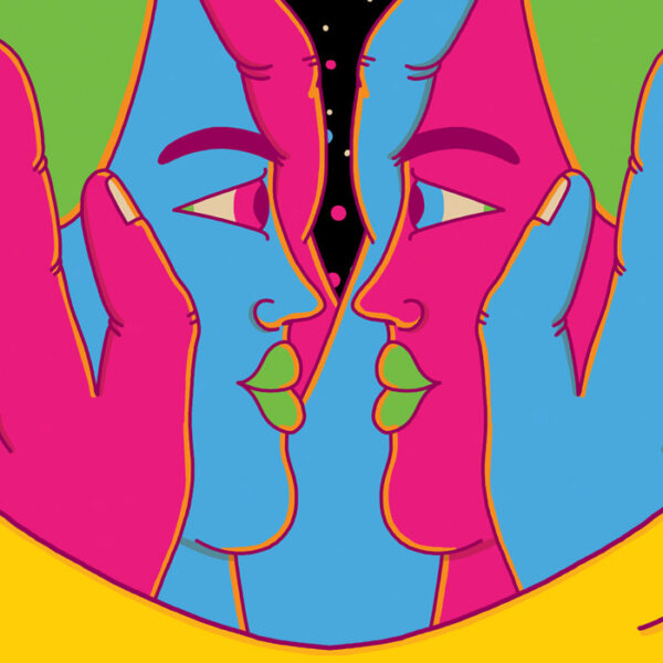 Illustrazione di due persone che si guardano negli occhi e con le mani sorreggono il volto l'una dell'altra. Una persona è di colore celeste, l'altra rosa. Immagine di campagna Io Lo Chiedo: il sesso senza consenso è stupro.