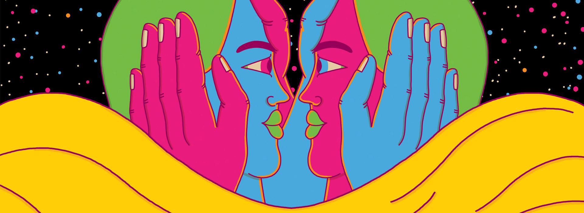 Illustrazione di due persone che si guardano negli occhi e con le mani sorreggono il volto l'una dell'altra. Una persona è di colore celeste, l'altra rosa. Immagine di campagna Io Lo Chiedo: il sesso senza consenso è stupro.