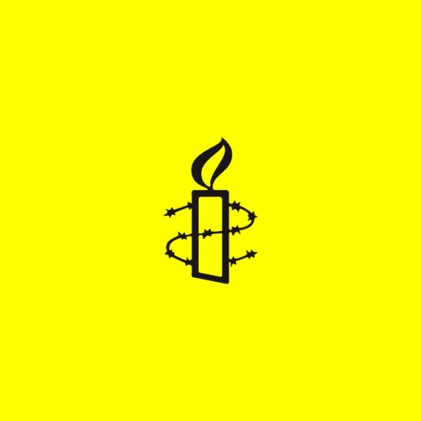 Banner logo candela con il filo spinato nero su fondo giallo - Amnesty International