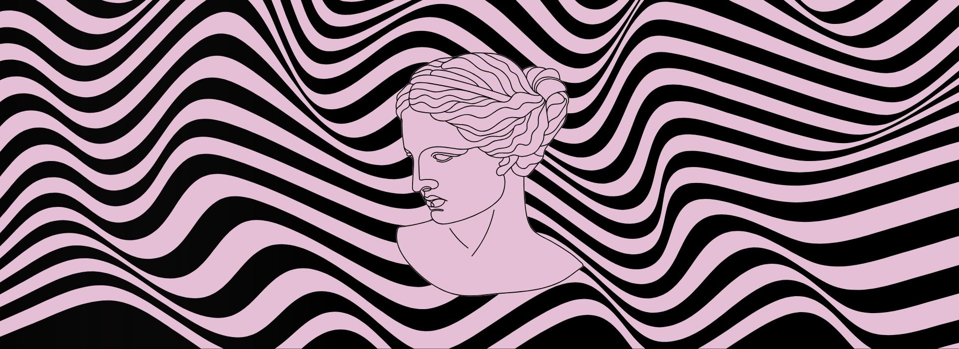 sfondo optical nero e rosa, in primo piano il disegno di un busto che ricorda le donne dell'antica grecia